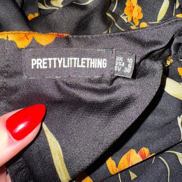 PrettyLittleThing Black Floral Midi Dress Size 6 Puff Sleeve Draped Neck - Picture 8 of 9